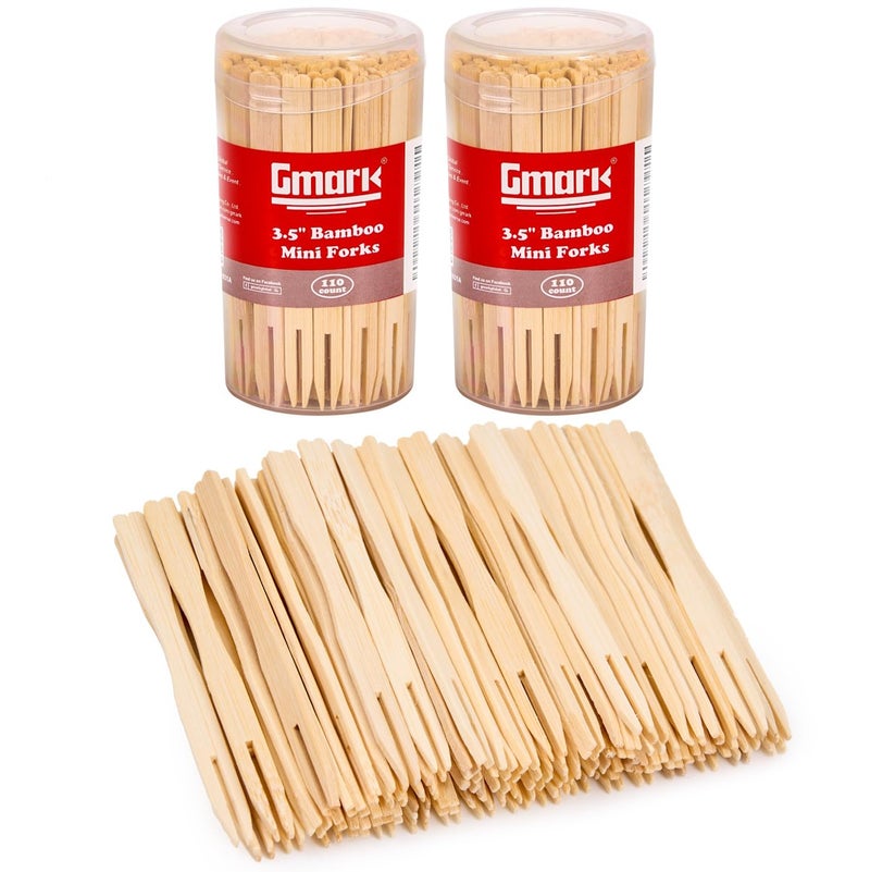 Gmark Bamboo Double Prongs Mini Forks 3.5 Inch 220pc, Food Picks/Bamboo Fruit Picks/Cocktail Forks/Party Forks/Buffet/Two Prongs Cocktail Picks for Appetizer, Cocktail, Pastry, Dessert. GM1031B - Image 1